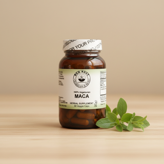 Maca Capsules - Wood & Plant Background