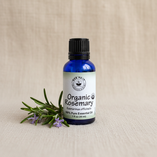 Organic Rosemary Essential Oil - Linen Background