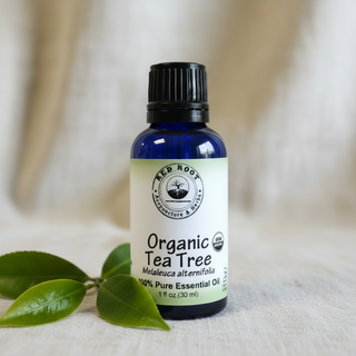 Organic Tea Tree Essential Oil - Linen Background with Herb